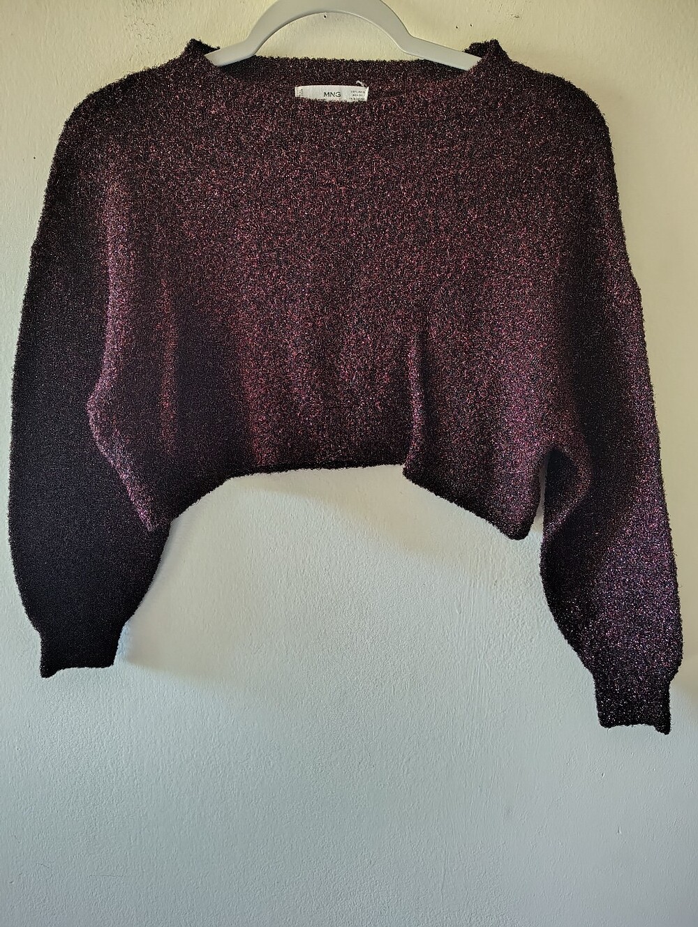 MNG Red Sparkle Crop Sweater Top Small Stretch Holiday Metallic Glitter Party